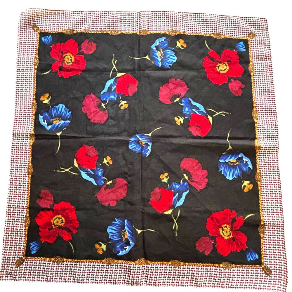 Vintage silky scarf neckerchief 20” square black & bold multi color floral print